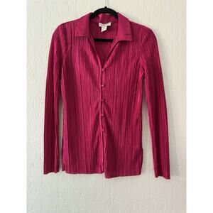 Rachel Zoe Med Pink Fuschia Camp Collar Plisse Pleated Button Up Long Sleeve